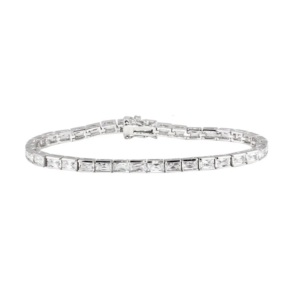 Silver 925 Rhodium Plated Clear Baguette CZ Tennis Bracelet - STB00014