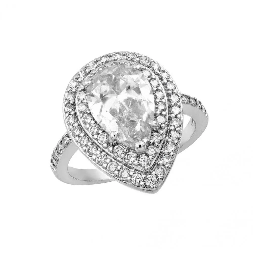 Silver 925 Rhodium Plated Clear Center and Cluster CZ Teardrop Ring - BGR00887CLR