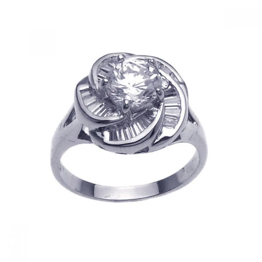 Silver 925 Rhodium Plated Clear Center CZ Spiral Flower Bridal Ring - BGR00213
