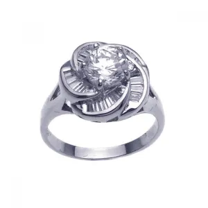 Silver 925 Rhodium Plated Clear Center CZ Spiral Flower Bridal Ring - BGR00213