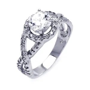 Silver 925 Rhodium Plated Clear Center CZ Wave Side Bridal Ring - BGR00404