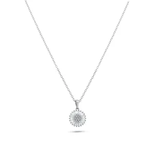 Silver 925 Rhodium Plated Clear Cluster and Baguette CZ Flower Pendant Necklace - STP01370