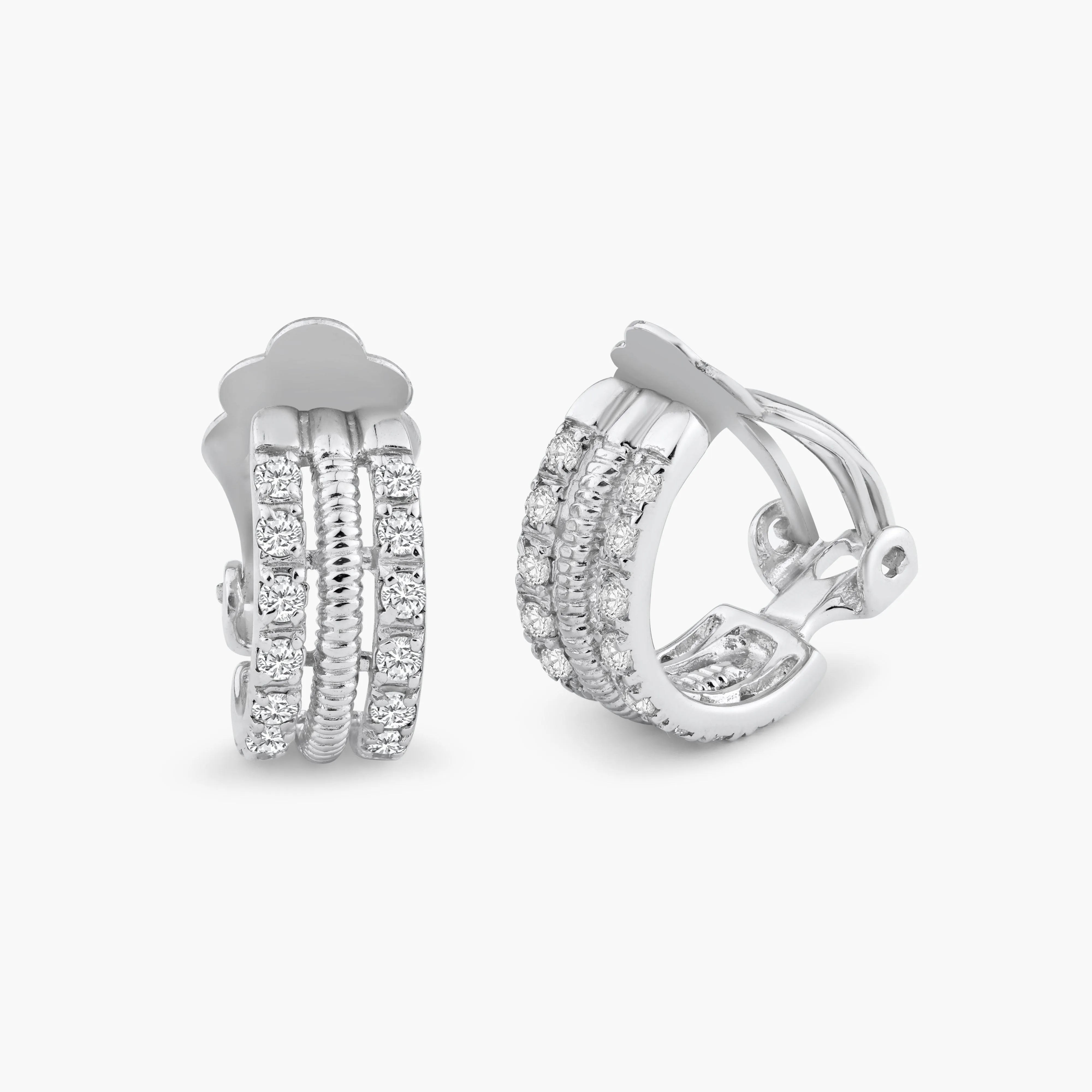 Silver 925 Rhodium Plated Clear Crescent CZ Hoop Earrings - STE00935