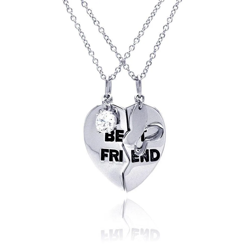 Silver 925 Rhodium Plated Clear CZ Best Friend Heart Pendant Necklace - STP00699