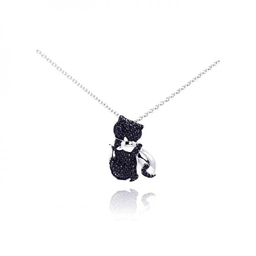 Silver 925 Rhodium Plated Clear CZ Black Kitty Pendant Necklace - STP00969