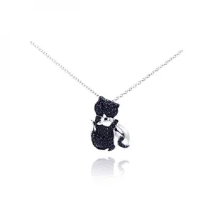 Silver 925 Rhodium Plated Clear CZ Black Kitty Pendant Necklace - STP00969