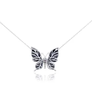 Silver 925 Rhodium Plated Clear CZ Butterfly Onyx Pendant Necklace - STP01016