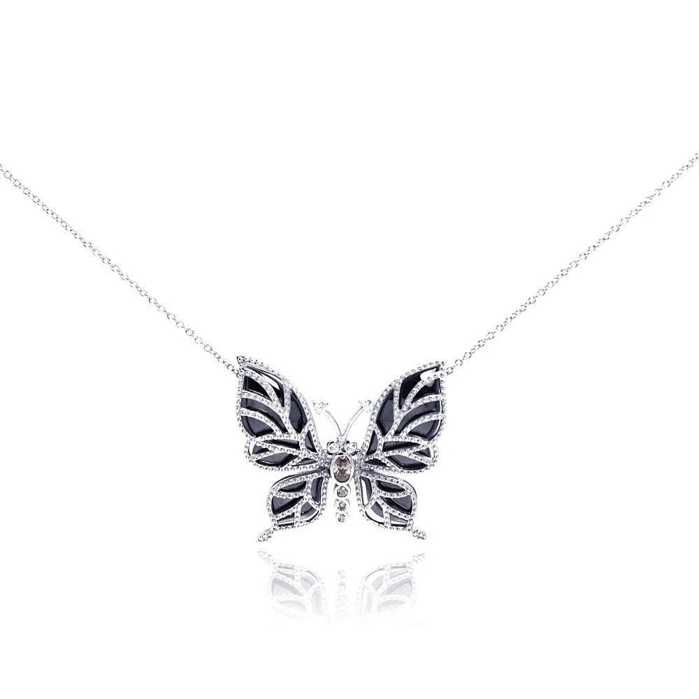 Silver 925 Rhodium Plated Clear CZ Butterfly Onyx Pendant Necklace - STP01016