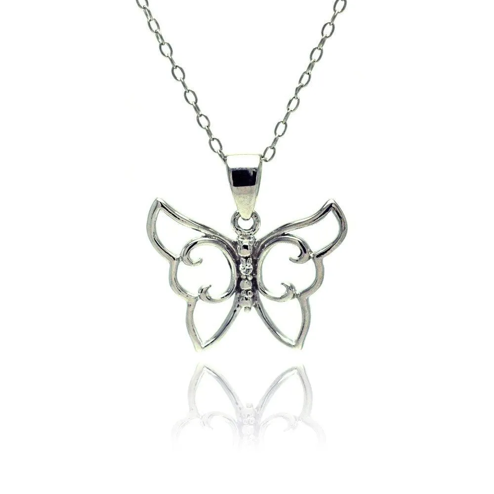 Silver 925 Rhodium Plated Clear CZ Butterfly Pendant Necklace - STP01347