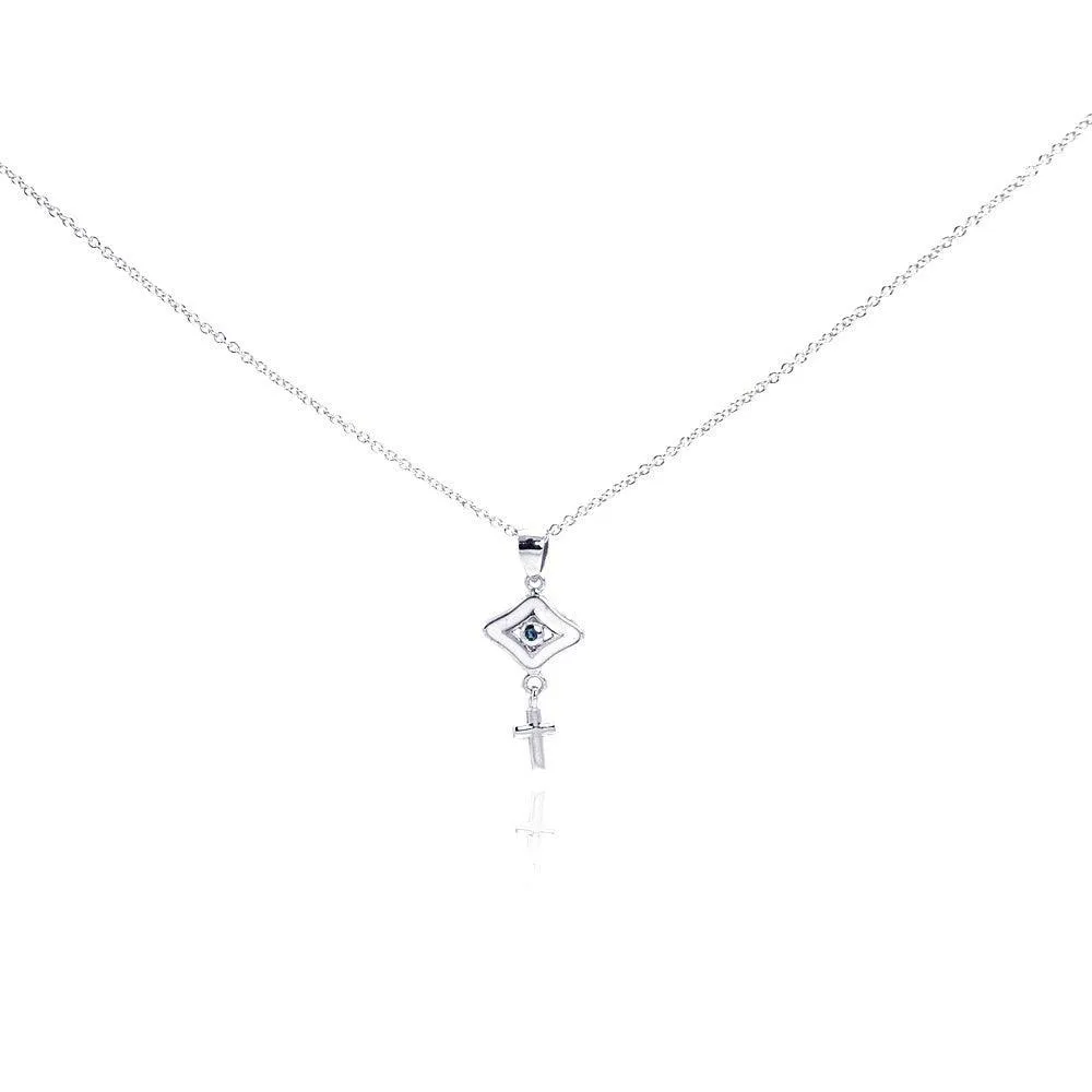 Silver 925 Rhodium Plated Clear CZ Cross Evil Eye Pendant Necklace - STP01010