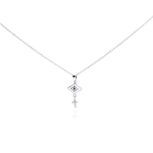 Silver 925 Rhodium Plated Clear CZ Cross Evil Eye Pendant Necklace - STP01010