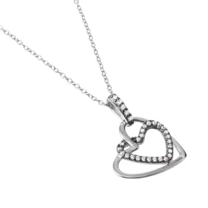 Silver 925 Rhodium Plated Clear CZ Dual Open Hearts Pendant Necklace - BGP01030