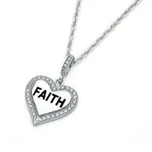 Silver 925 Rhodium Plated Clear CZ Faith Heart Pendant Necklace - STP01361