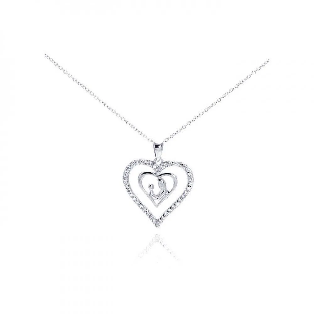 Silver 925 Rhodium Plated Clear CZ Figurine Heart Pendant Necklace - STP00765