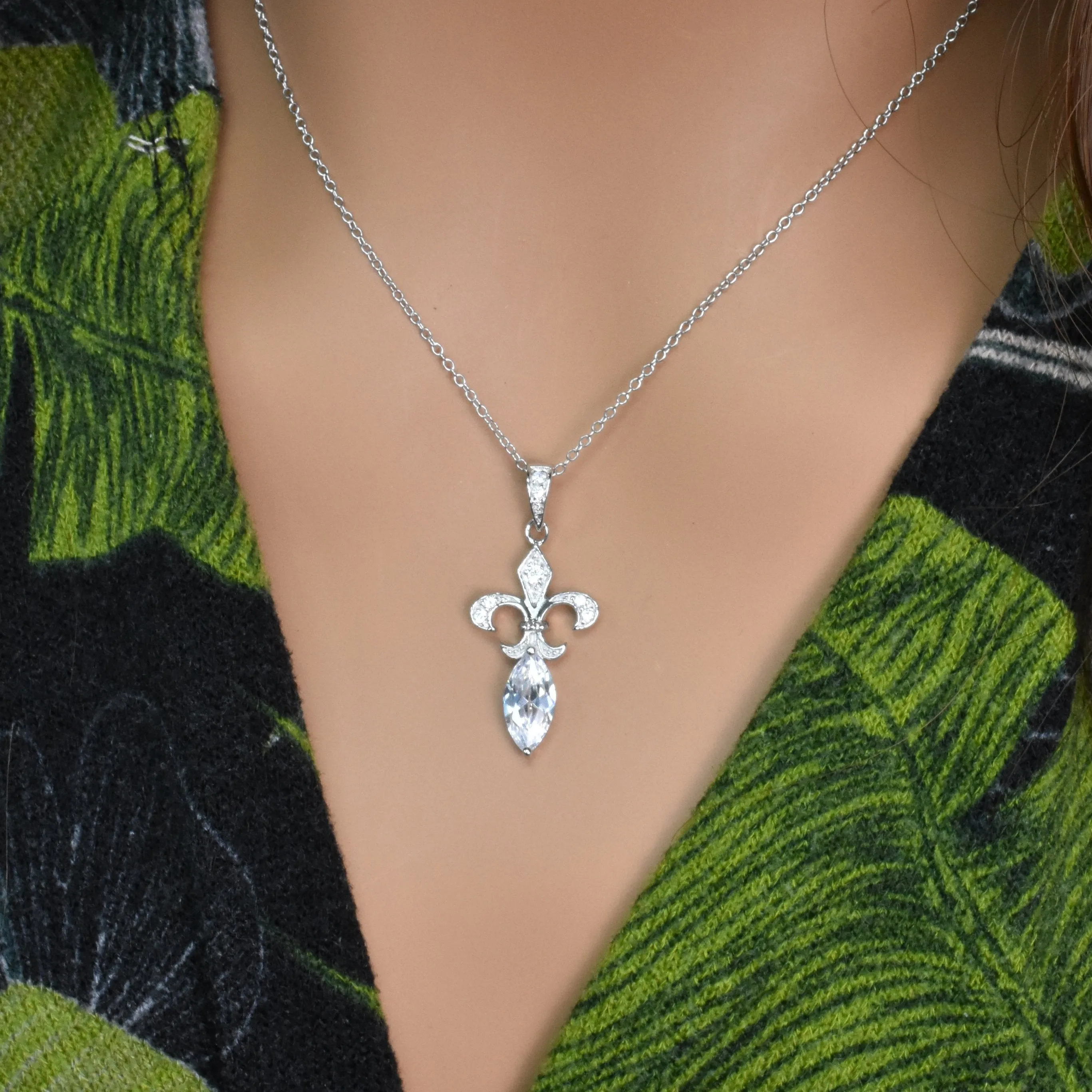 Silver 925 Rhodium Plated Clear CZ Flor De Lis Pendant Necklace - STP00852