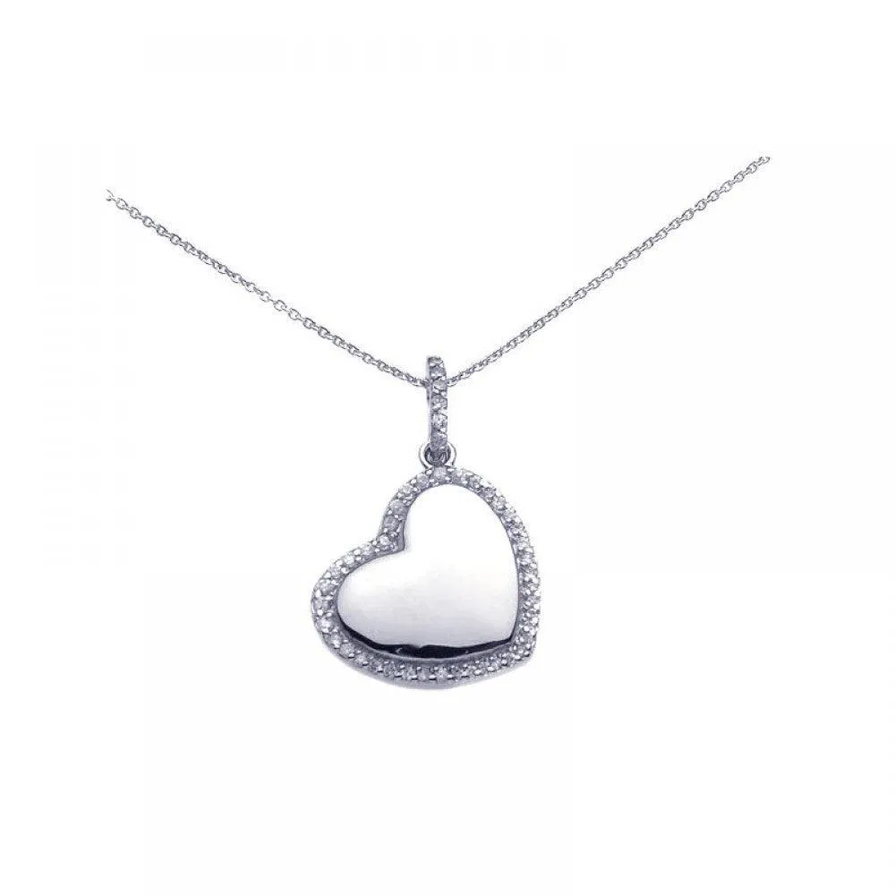 Silver 925 Rhodium Plated Clear CZ Heart Pendant Necklace - STP00730