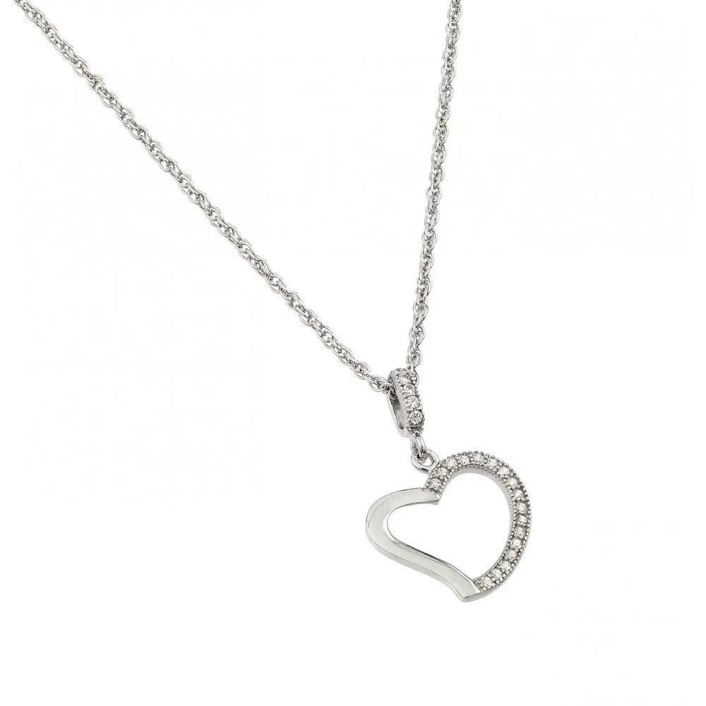 Silver 925 Rhodium Plated Clear CZ Heart Pendant Necklace - STP01365