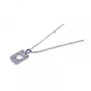 Silver 925 Rhodium Plated Clear CZ Heart Rectangle Dogtag Pendant Necklace - STP00651