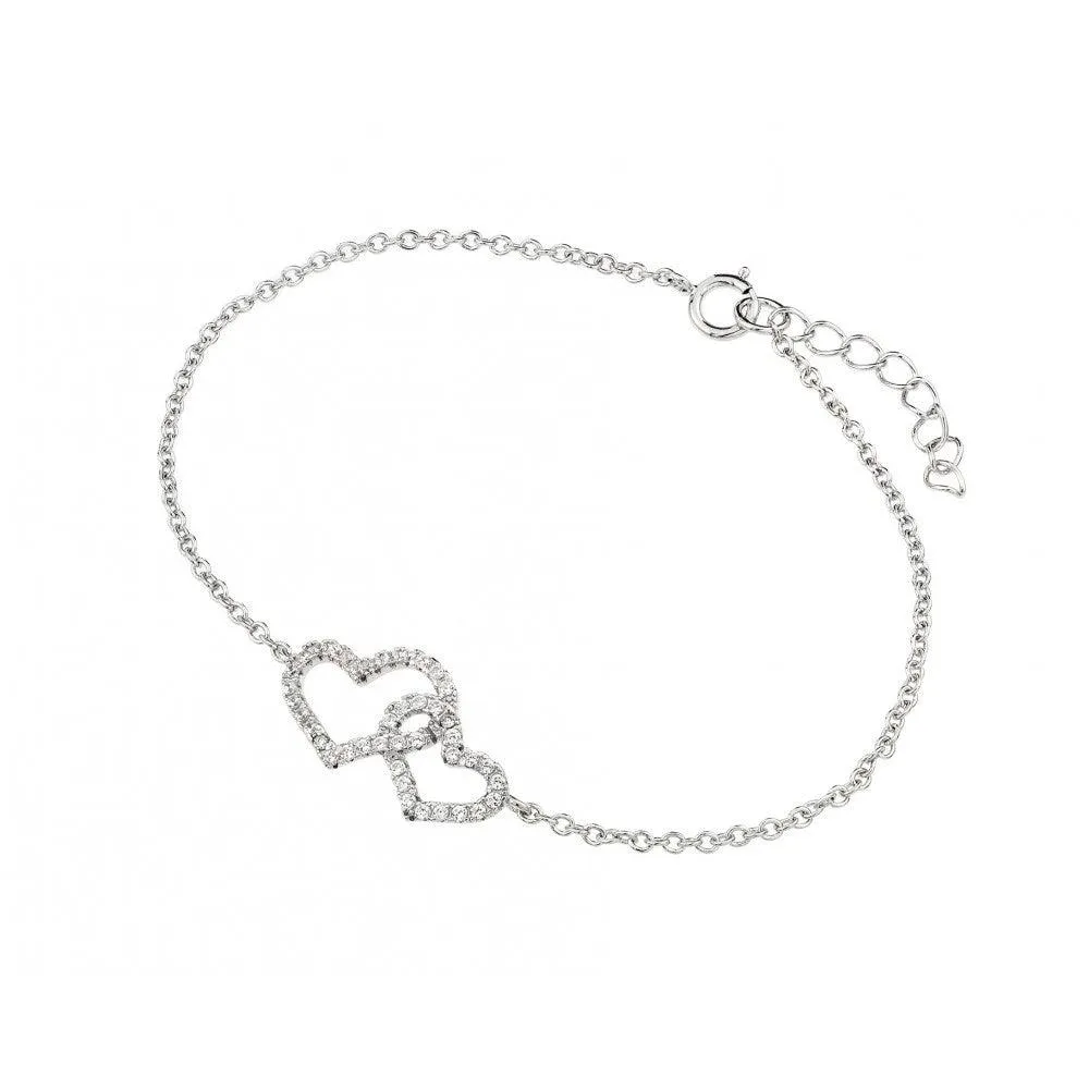 Silver 925 Rhodium Plated Clear CZ Open Hearts Bracelet - BGB00231