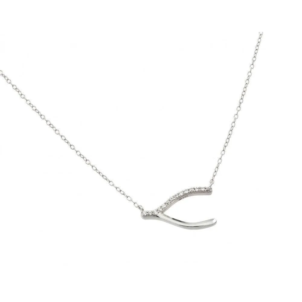 Silver 925 Rhodium Plated Clear CZ Wishbone Pendant Necklace - STP01393