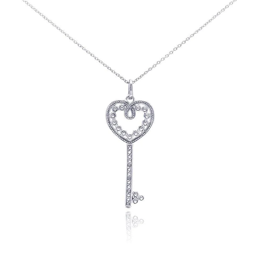 Silver 925 Rhodium Plated Clear Diamond Heart Key Pendant Necklace - STP01037