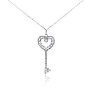Silver 925 Rhodium Plated Clear Diamond Heart Key Pendant Necklace - STP01037