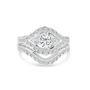 Silver 925 Rhodium Plated Clear Micro Pave Set CZ Estate Engagement Ring Set - BGR00713