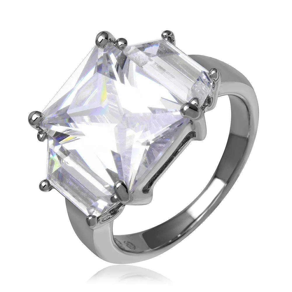 Silver 925 Rhodium Plated Clear Princess Cut CZ Ring - STR00047CLR