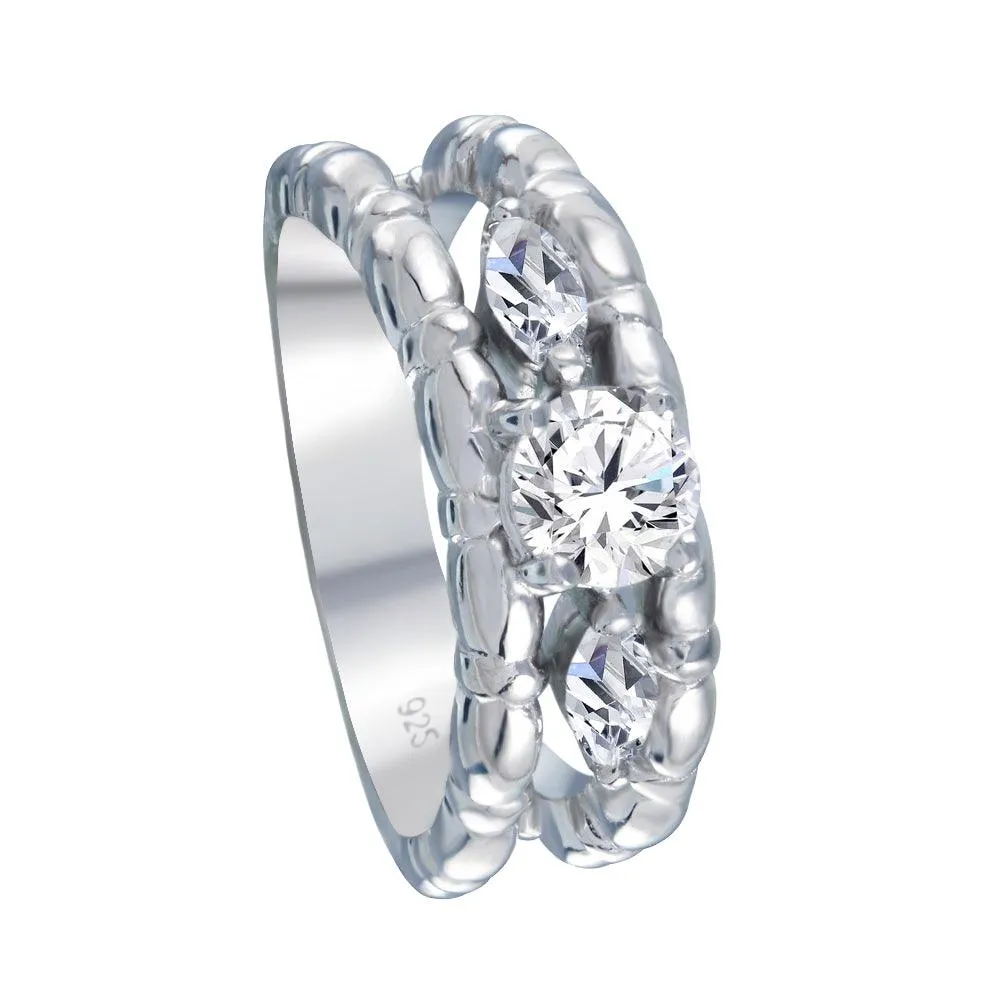 Silver 925 Rhodium Plated Clear Round and Marquise CZ Ring - AAR0031