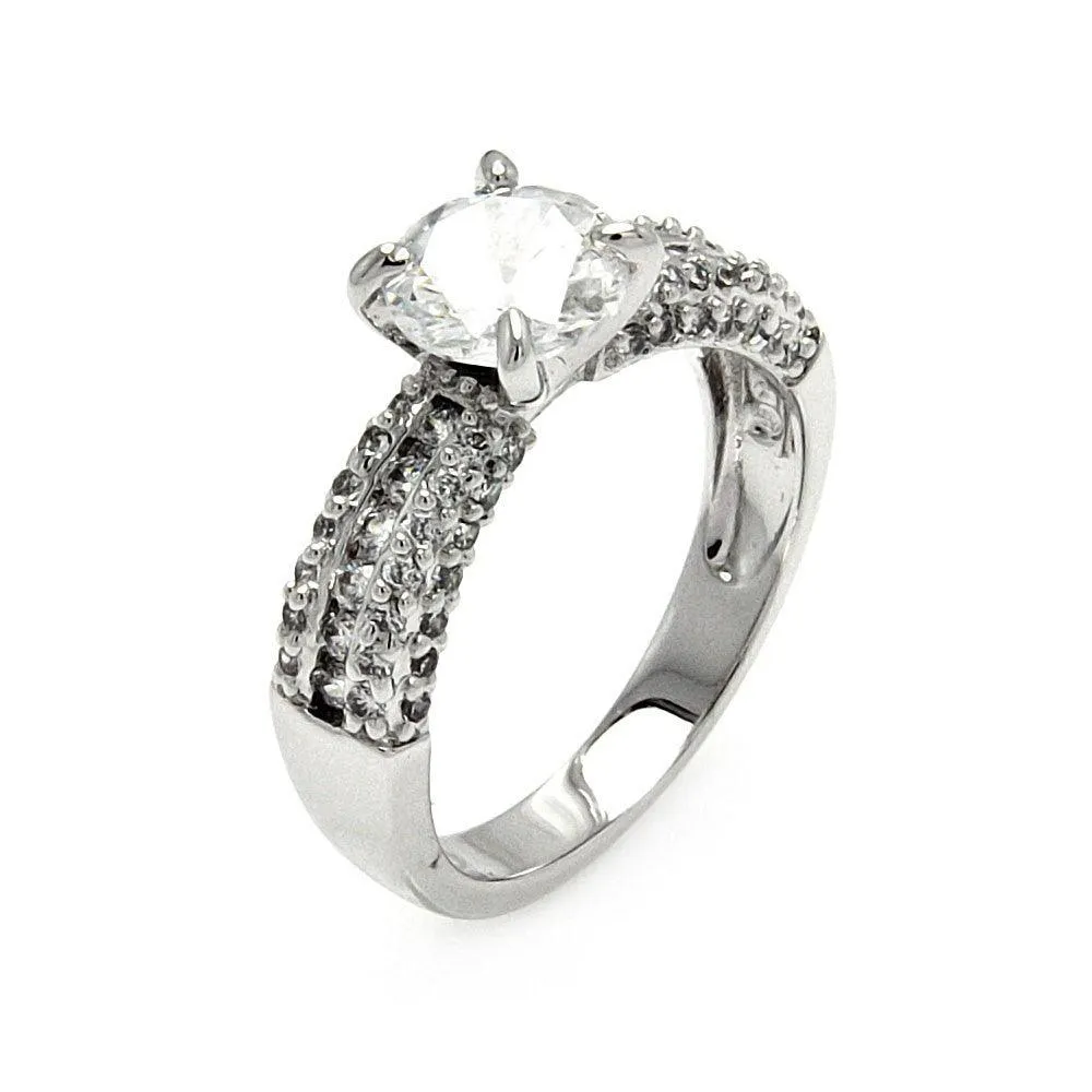 Silver 925 Rhodium Plated Clear Round Center Channel Set CZ Bridal Ring - BGR00524