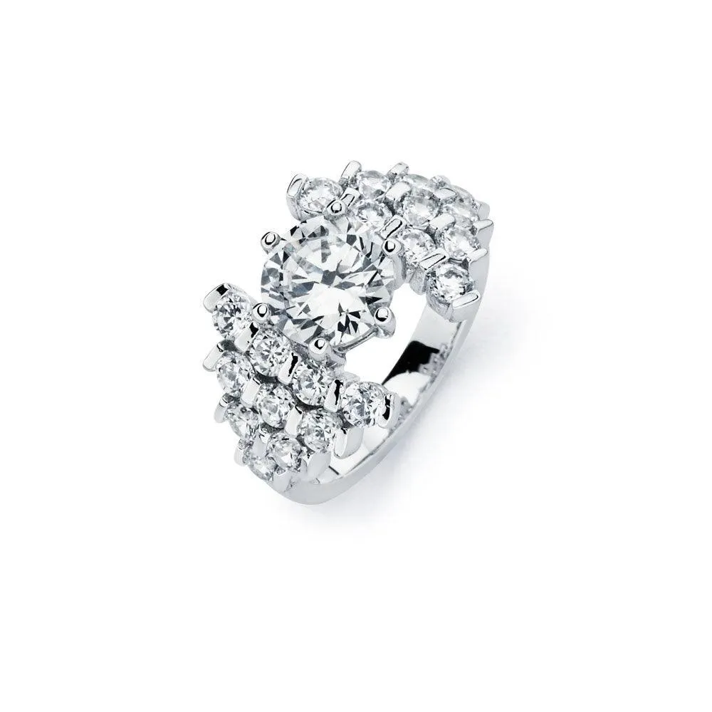 Silver 925 Rhodium Plated Clear Round Center Pave Set CZ Bridal Ring - BGR00586