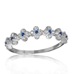Silver 925 Rhodium Plated Clover Band with Blue CZ Stones - GMR00129S