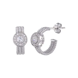 Silver 925 Rhodium Plated Crescent Center Round CZ Semi-huggie hoop Earrings - BGE00322