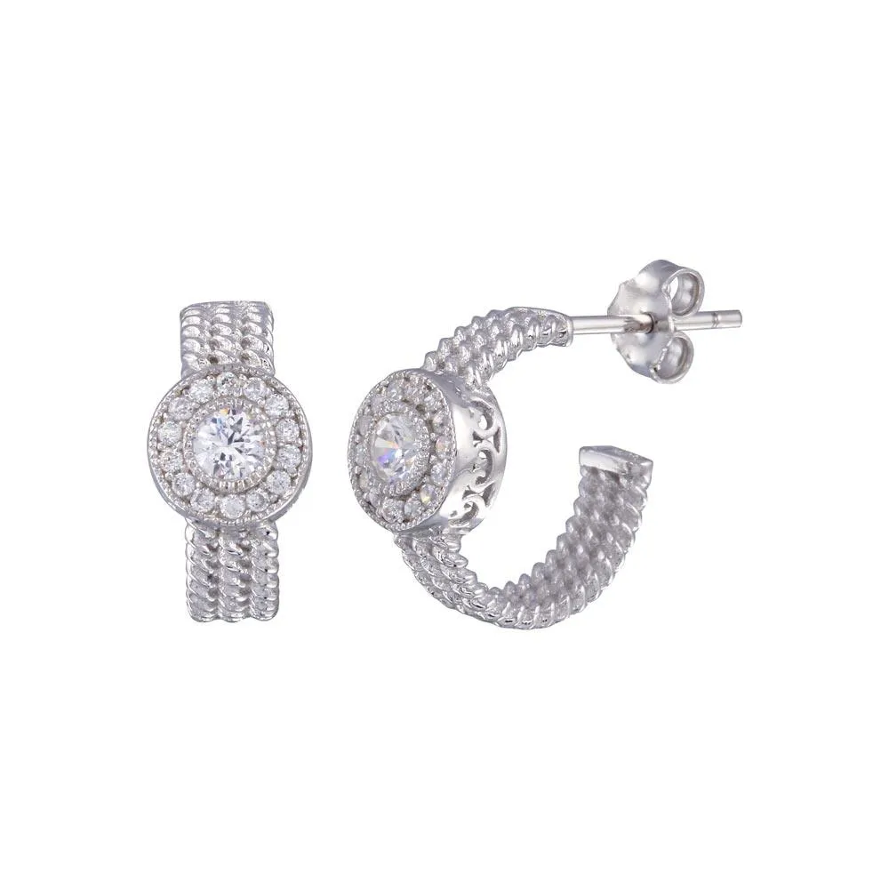 Silver 925 Rhodium Plated Crescent Center Round CZ Semi-huggie hoop Earrings - BGE00322