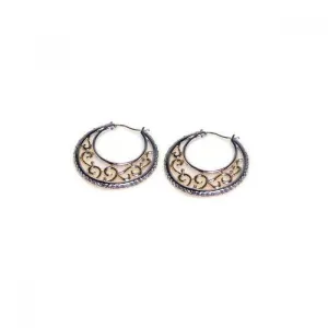 Silver 925 Rhodium Plated Crescent CZ Filigree Hoop Earrings - STE00182