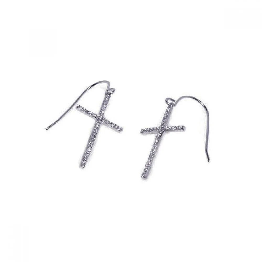 Silver 925 Rhodium Plated Cross CZ Dangling Hook Earrings - STE00107