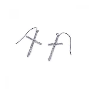 Silver 925 Rhodium Plated Cross CZ Dangling Hook Earrings - STE00107