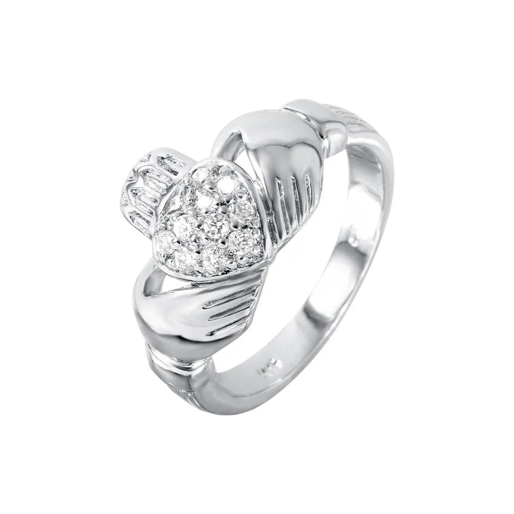 Silver 925 Rhodium Plated CZ Claddagh Ring - STR00140