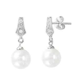 Silver 925 Rhodium Plated CZ Dangling Pearl Post Earrings - BGE00420