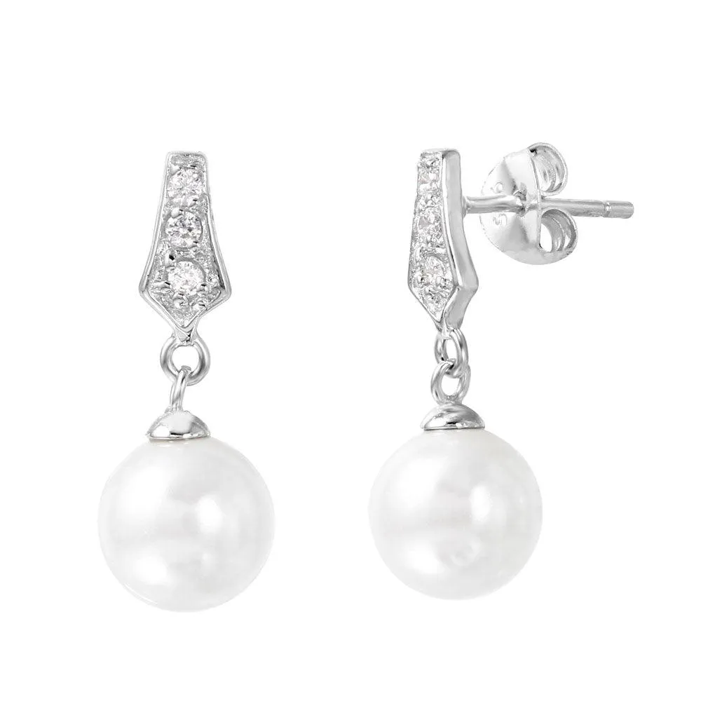 Silver 925 Rhodium Plated CZ Dangling Pearl Post Earrings - BGE00420