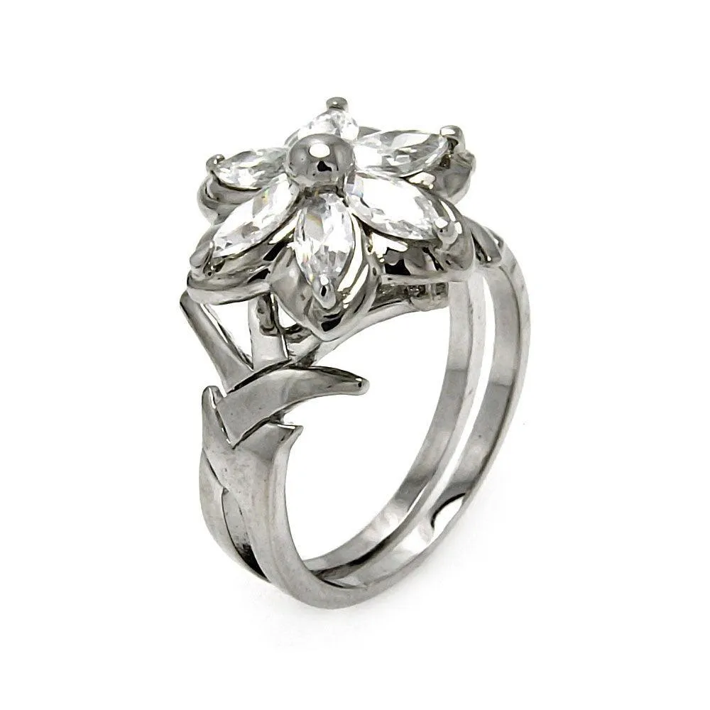 Silver 925 Rhodium Plated CZ Flower Ring - STR00138