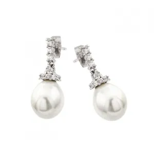 Silver 925 Rhodium Plated CZ Hanging Pearl Stud Earrings - BGE00423