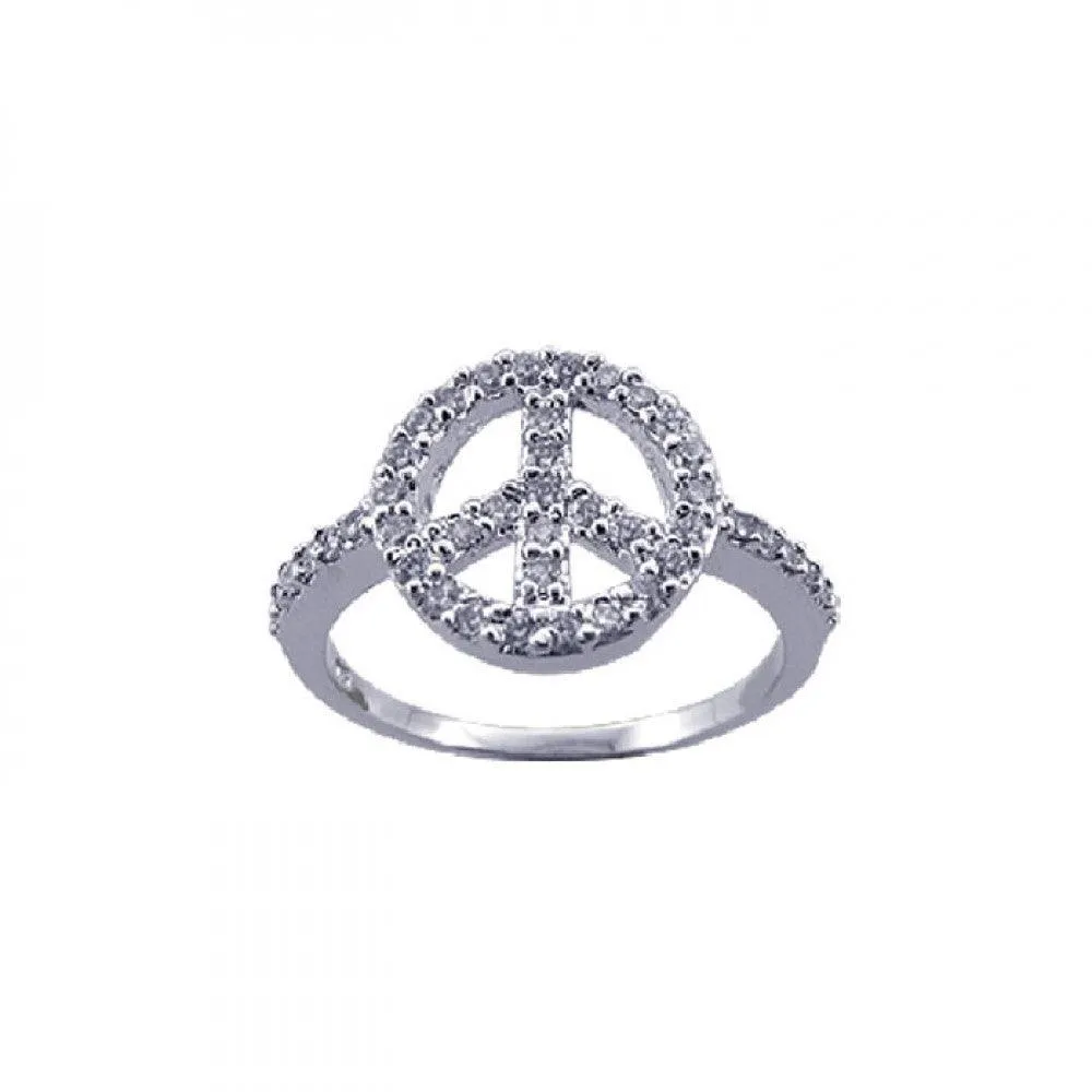Silver 925 Rhodium Plated CZ Peace Sign Ring - STR00591