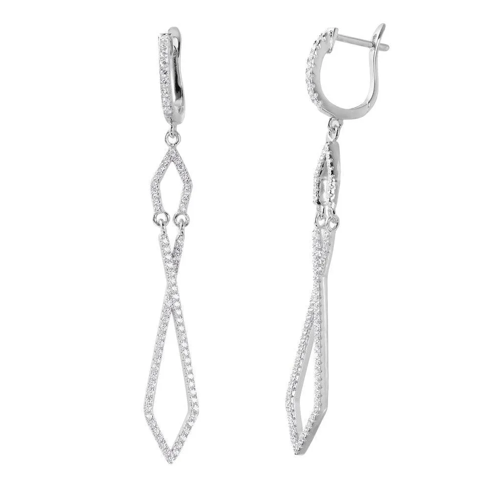 Silver 925 Rhodium Plated Dangling Open Square CZ huggie hoop Earrings - ACE00099RH