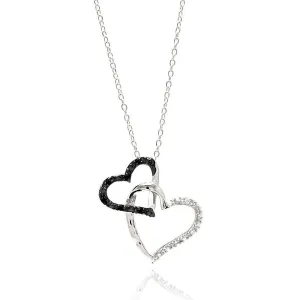 Silver 925 Rhodium Plated Double Open Heart Black and Clear CZ Necklace - BGP00681