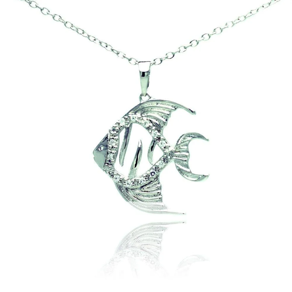 Silver 925 Rhodium Plated Fish Micro Pave CZ Necklace - BGP00682