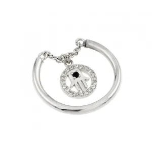 Silver 925 Rhodium Plated Hamsa Circle Black CZ Ring - STR01012