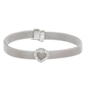 Silver 925 Rhodium Plated Heart Clear CZ Mesh Bracelet - STB00003