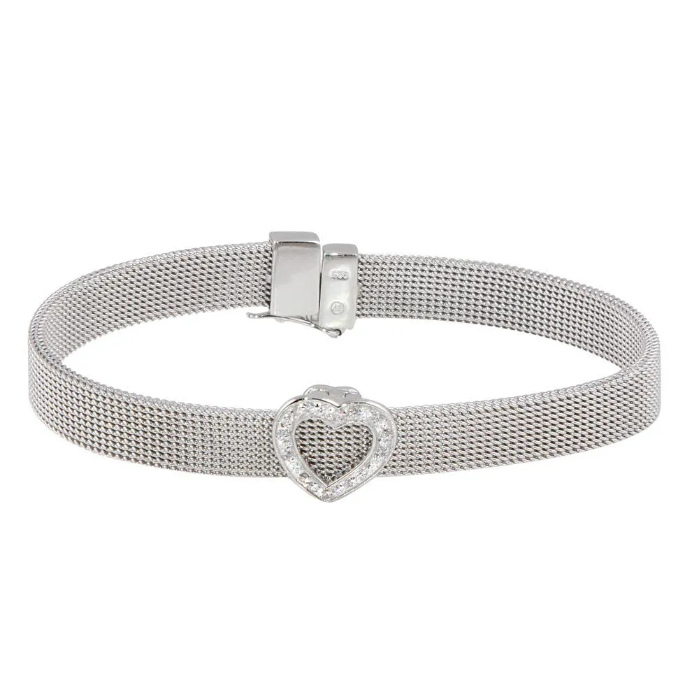 Silver 925 Rhodium Plated Heart Clear CZ Mesh Bracelet - STB00003