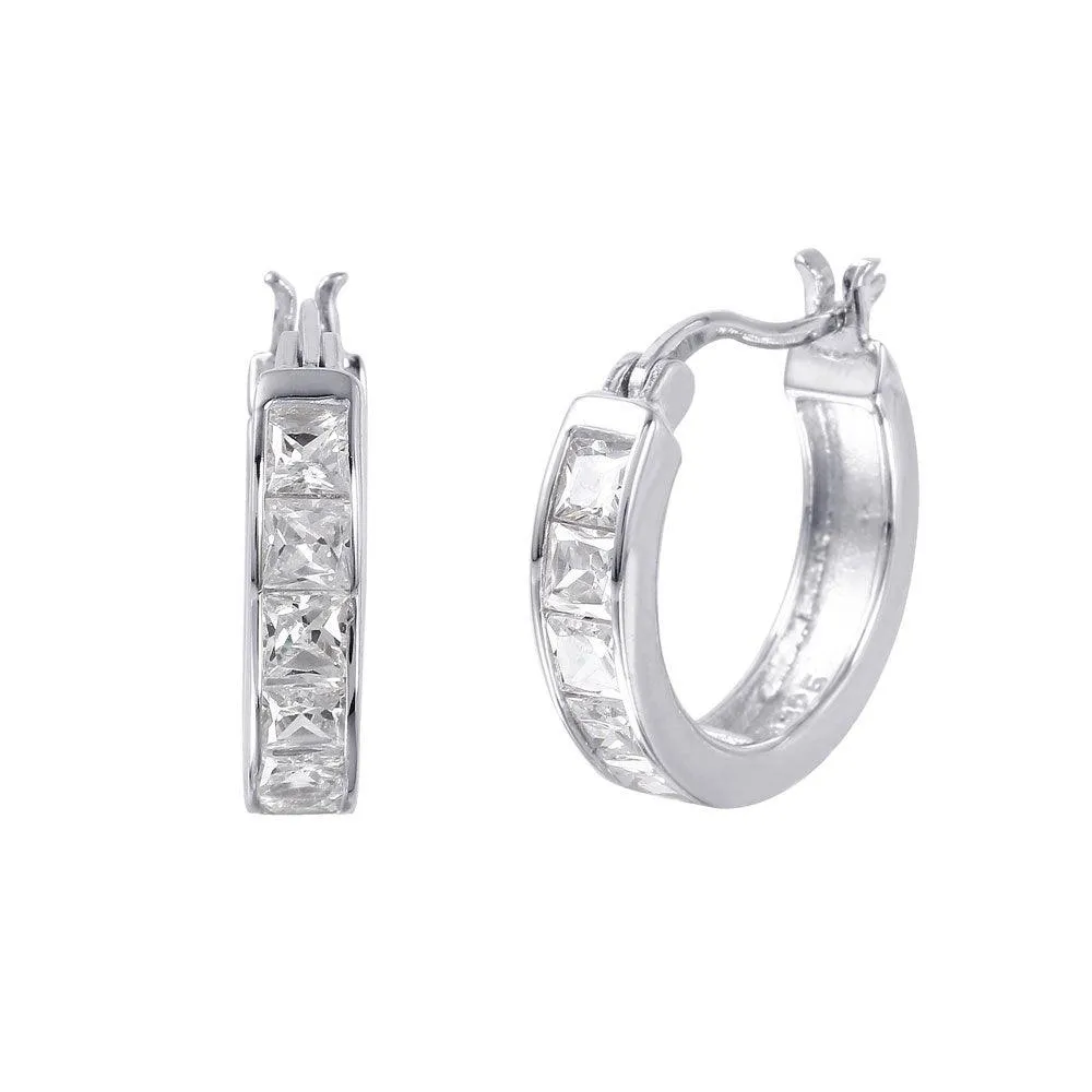 Silver 925 Rhodium Plated Hoop Square CZ Earrings - STE00732